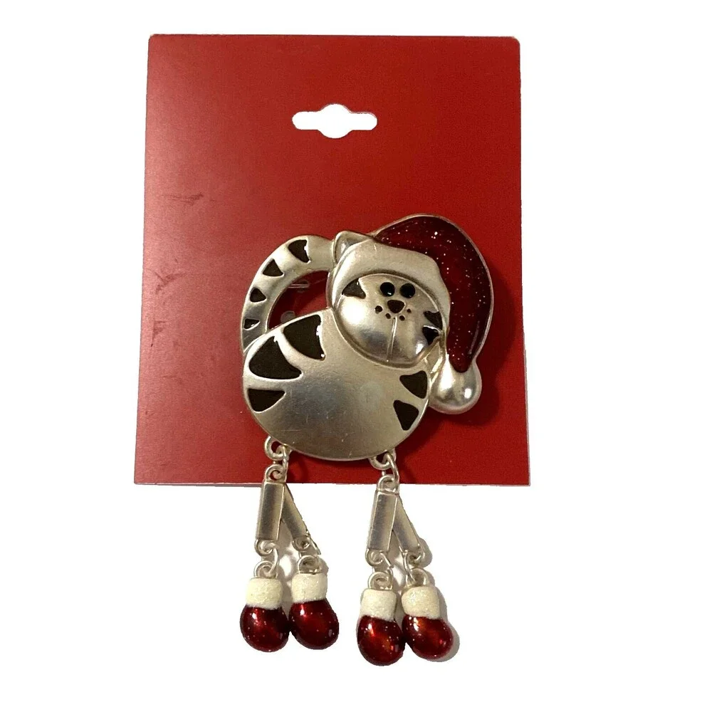 NWT Kohl’s Christmas Cat with Dangling Feet Brooch Santa Hat Enamel Pin 2.5” NEW